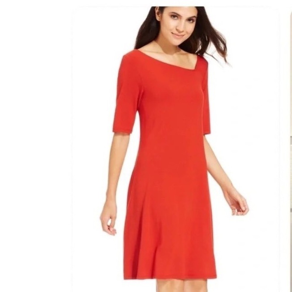 New NWT Eileen Fisher Orange Mandarin Asymmetric Neck Stretch Mini Dress - XL